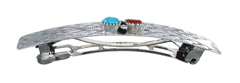 Native American Navajo Turquoise Coral Sterling Silver Hair Barrette JX131013